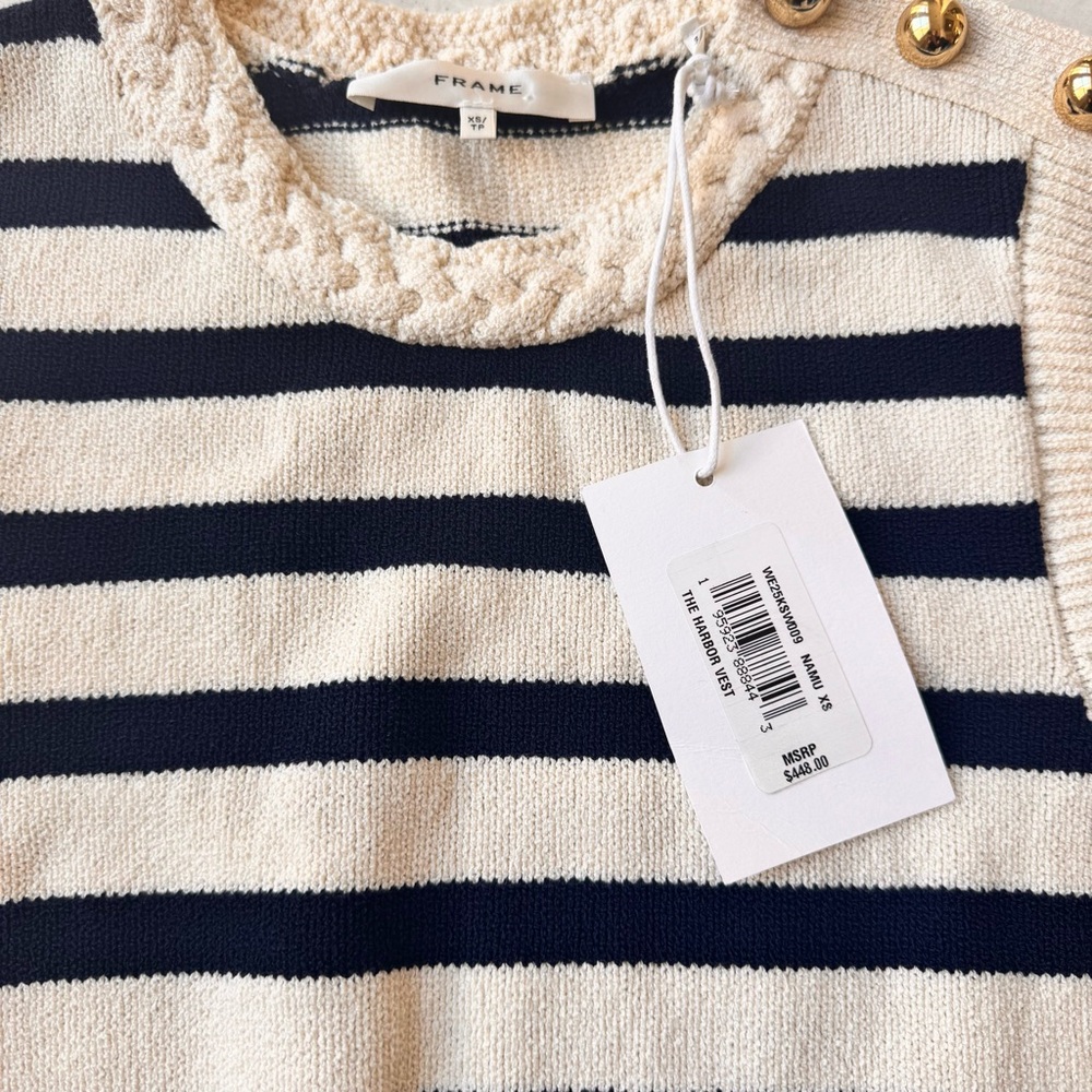 Frame The Harbor Vest Stripped Sleeveless Knit Top - Navy and Cream size XS - Picture 7 of 14